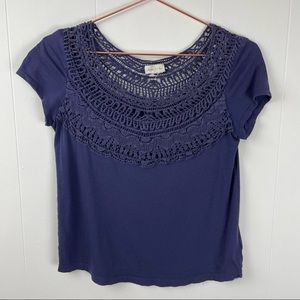 Meadow Rue Navy Blue Short Sleeve Lace Sheer Top